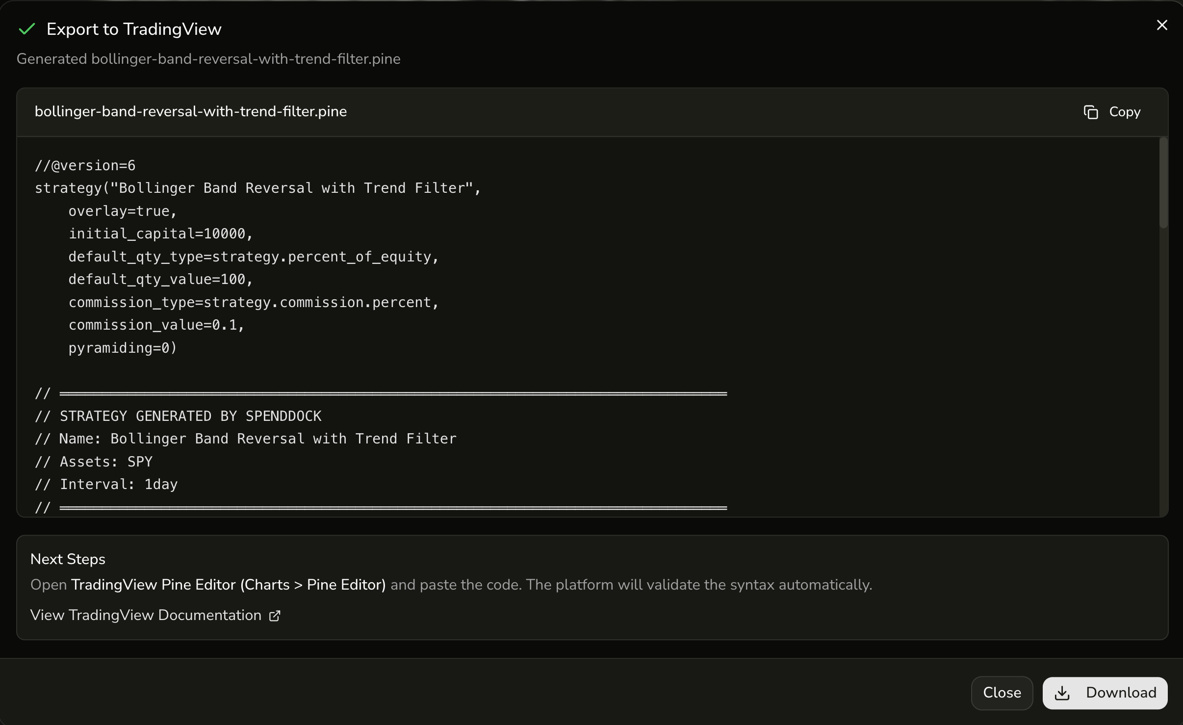 Export to TradingView with generated PineScript v6 code